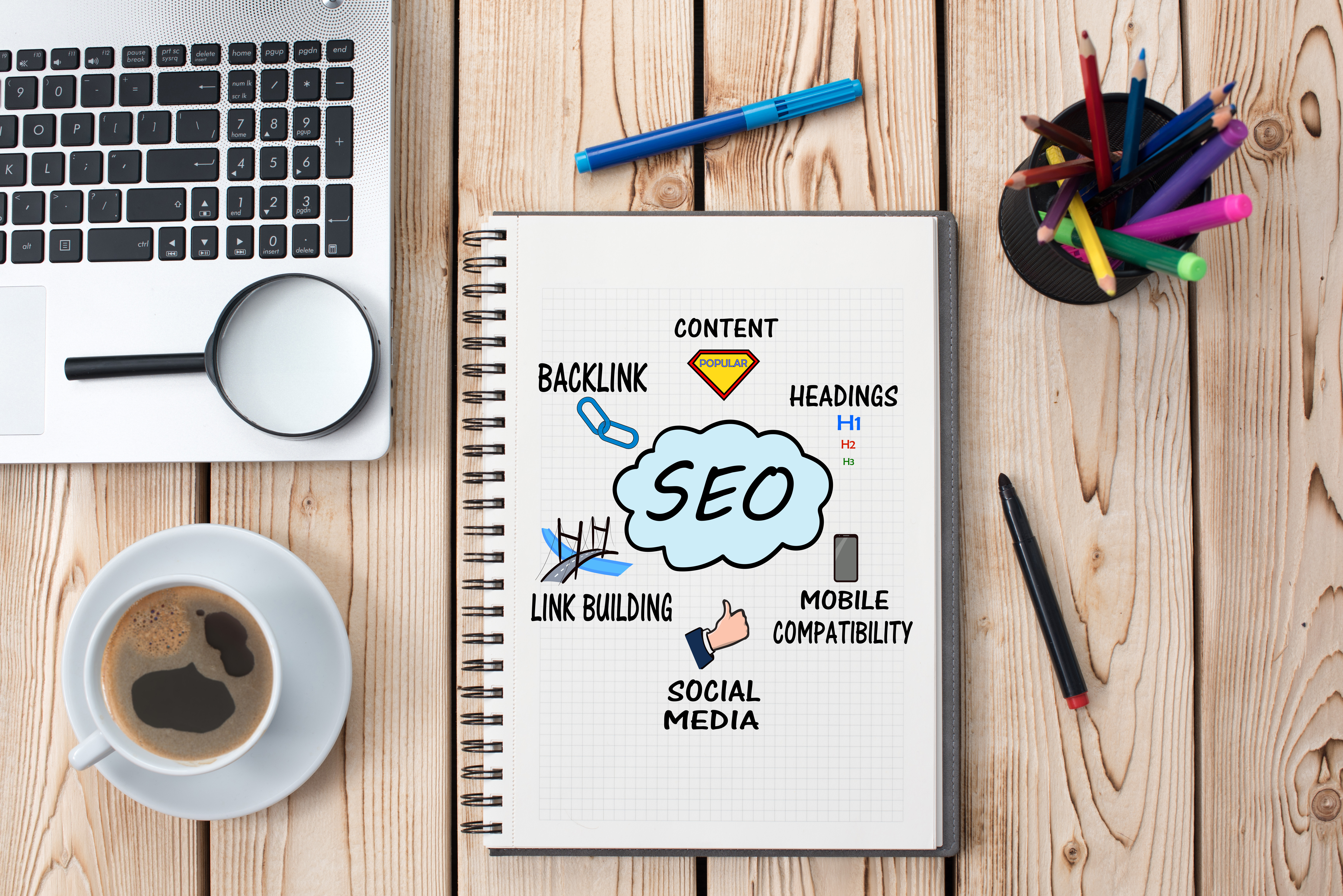 Notebook with ideas for content, 
            headings, mobilie cababilities, social media, link building, and backline